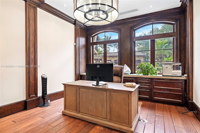 10101 SW 60th Ct, Pinecrest, FL 33156 - office area featuring dark wood-style floors, ornamental molding, and a chandelier