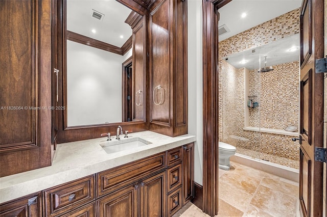 10101 SW 60th Ct, Pinecrest, FL 33156 - bathroom with a shower stall, ornamental molding, vanity, and recessed lighting