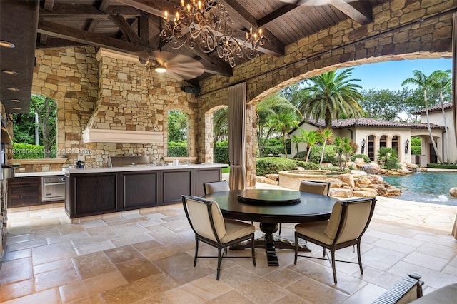 10101 SW 60th Ct, Pinecrest, FL 33156 - view of patio featuring area for grilling, outdoor dining area, an outdoor pool, and a ceiling fan