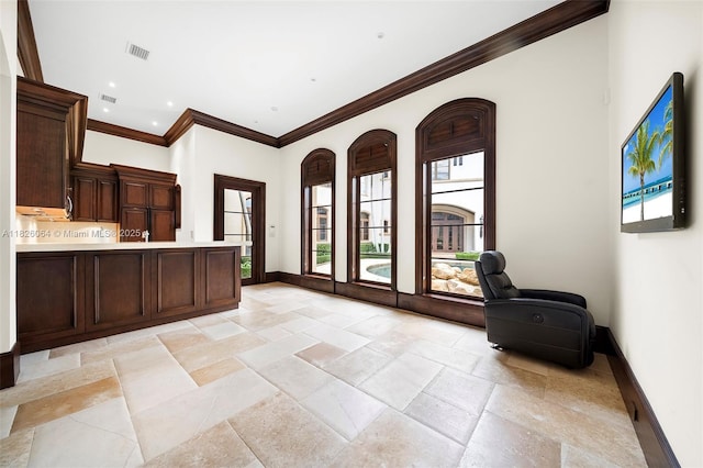 10101 SW 60th Ct, Pinecrest, FL 33156 - kitchen with plenty of natural light, ornamental molding, light countertops, open floor plan, and dark brown cabinets