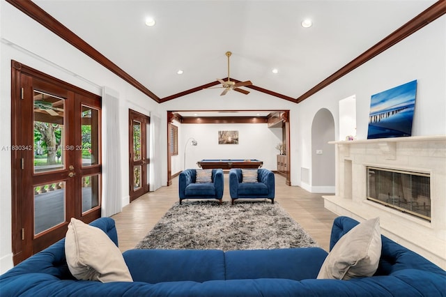 11401 SW 69th Ave, Pinecrest, FL 33156 - living area featuring ornamental molding, ceiling fan, vaulted ceiling, light wood finished floors, and billiards