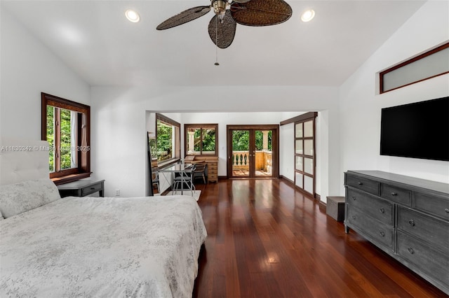 11401 SW 69th Ave, Pinecrest, FL 33156 - bedroom featuring vaulted ceiling, french doors, dark wood-style floors, recessed lighting, and a ceiling fan