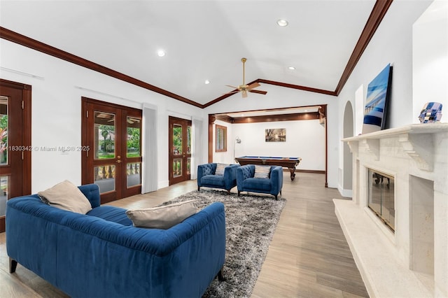 11401 SW 69th Ave, Pinecrest, FL 33156 - living room featuring crown molding, billiards, a fireplace, a ceiling fan, and lofted ceiling