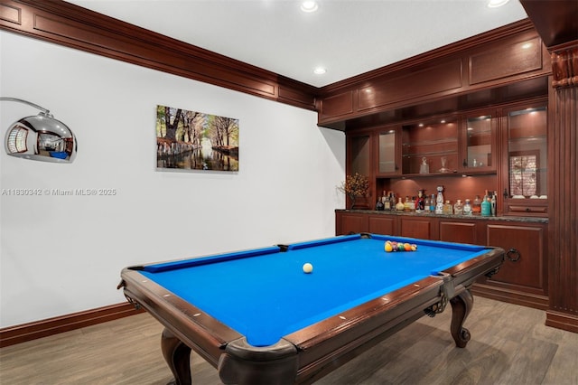 11401 SW 69th Ave, Pinecrest, FL 33156 - game room with wood finished floors, pool table, recessed lighting, and a bar