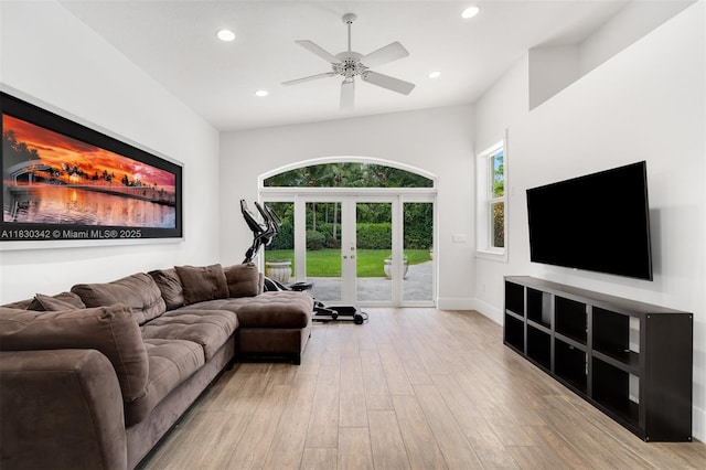 11401 SW 69th Ave, Pinecrest, FL 33156 - living room featuring french doors, recessed lighting, light wood finished floors, and a ceiling fan