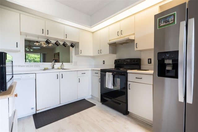 701 SW 141st Ave Unit 406R, Pembroke Pines, FL 33027 - kitchen featuring stainless steel fridge with ice dispenser, black electric range oven, under cabinet range hood, light countertops, and a ceiling fan