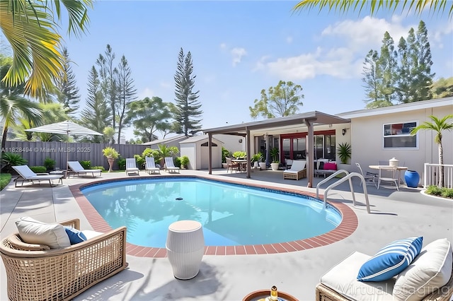 4960 SW 5th St, Margate, FL 33068 - view of pool featuring outdoor lounge area, a patio, and a shed