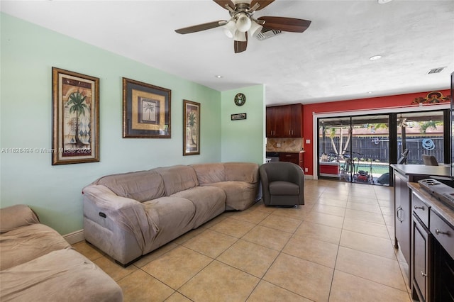 4960 SW 5th St, Margate, FL 33068 - living room featuring ceiling fan, light tile patterned floors, and recessed lighting