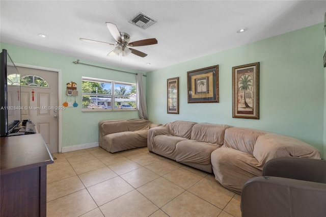 4960 SW 5th St, Margate, FL 33068 - living room featuring ceiling fan, light tile patterned floors, and recessed lighting