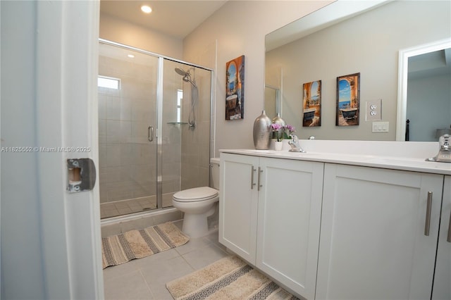 25433 SW 108th Ct, Homestead, FL 33032 - bathroom featuring double vanity, a shower stall, tile patterned flooring, and recessed lighting