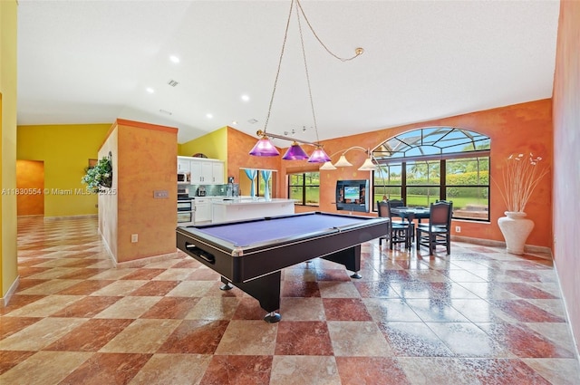 450 NW 195th Ave, Pembroke Pines, FL 33029 - recreation room featuring recessed lighting, billiards table, high vaulted ceiling, and light stone finish flooring
