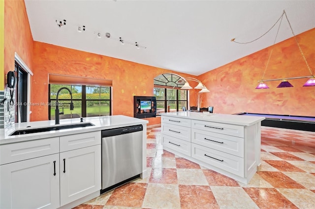 450 NW 195th Ave, Pembroke Pines, FL 33029 - kitchen with dishwasher, lofted ceiling, healthy amount of natural light, open floor plan, and white cabinetry