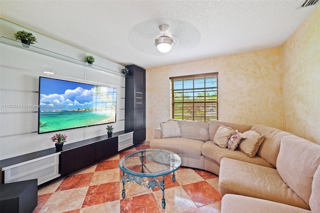 450 NW 195th Ave, Pembroke Pines, FL 33029 - living room featuring a ceiling fan and a textured ceiling