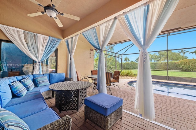 450 NW 195th Ave, Pembroke Pines, FL 33029 - view of patio / terrace featuring an outdoor hangout area, ceiling fan, an outdoor pool, glass enclosure, and outdoor dining area