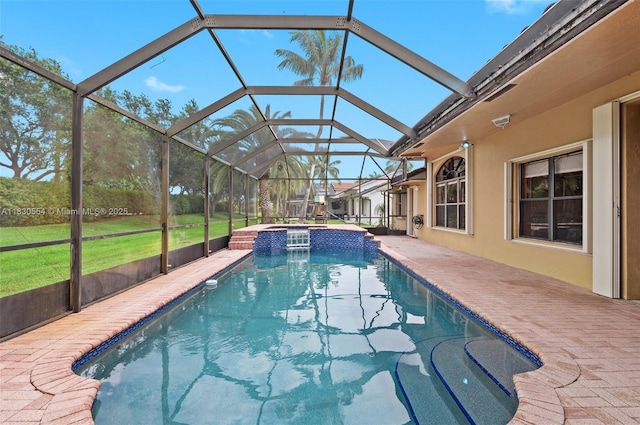 450 NW 195th Ave, Pembroke Pines, FL 33029 - view of swimming pool featuring a patio area, a pool with connected hot tub, and glass enclosure