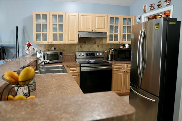 15132 SW 140th Ter, Miami, FL 33196 - kitchen with stainless steel appliances, under cabinet range hood, backsplash, light countertops, and glass insert cabinets