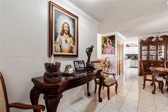 5443 SW 143rd Ct, Miami, FL 33175 - hall featuring ornamental molding, a textured ceiling, and light tile patterned flooring