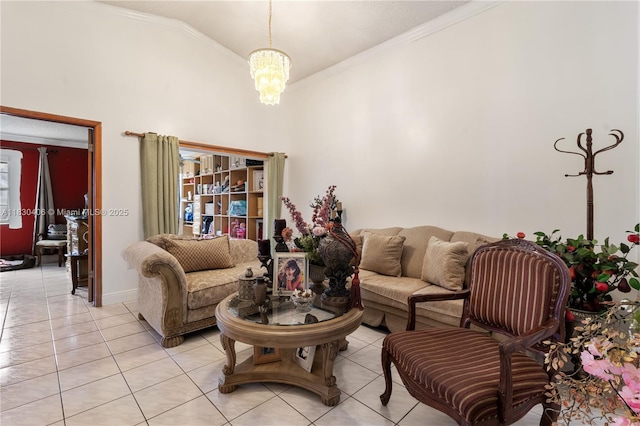 5443 SW 143rd Ct, Miami, FL 33175 - living area with crown molding, light tile patterned floors, a chandelier, and high vaulted ceiling