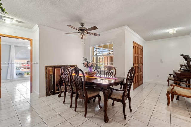 5443 SW 143rd Ct, Miami, FL 33175 - dining space with light tile patterned floors, a textured ceiling, ornamental molding, and ceiling fan
