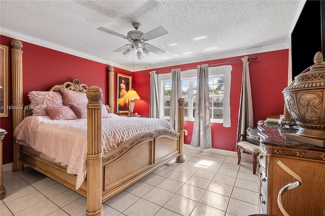 5443 SW 143rd Ct, Miami, FL 33175 - bedroom with light tile patterned floors, ceiling fan, crown molding, and a textured ceiling