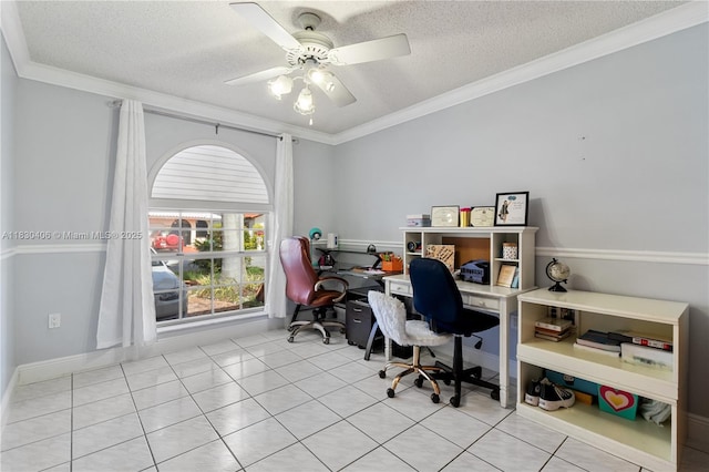 5443 SW 143rd Ct, Miami, FL 33175 - tiled home office featuring ornamental molding, a textured ceiling, and a ceiling fan