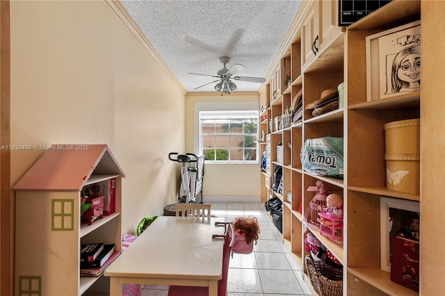 5443 SW 143rd Ct, Miami, FL 33175 - rec room with ornamental molding, tile patterned floors, a ceiling fan, and a textured ceiling