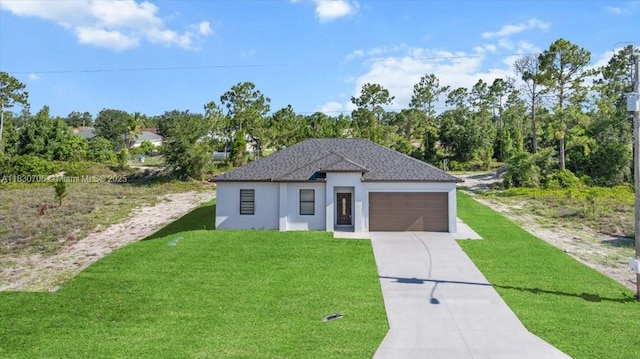 1212 Edelweiss St E, Lehigh Acres, FL 33974 - view of front of property with a garage, a front lawn, stucco siding, and concrete driveway