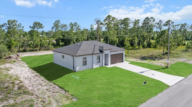 1212 Edelweiss St E, Lehigh Acres, FL 33974 - view of front of property featuring concrete driveway, a front lawn, an attached garage, stucco siding, and roof with shingles