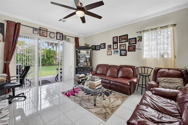 7095 E Tropical Way, Plantation, FL 33317 - living area with ceiling fan, tile patterned flooring, and ornamental molding