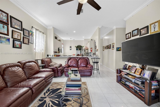 7095 E Tropical Way, Plantation, FL 33317 - living area featuring a ceiling fan, light tile patterned floors, and ornamental molding