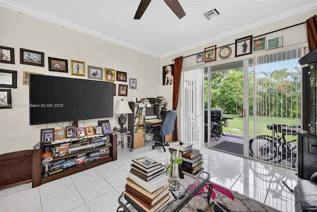 7095 E Tropical Way, Plantation, FL 33317 - living room with a desk, ceiling fan, ornamental molding, and tile patterned flooring