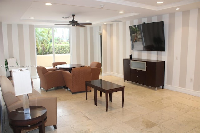 520 SE 5th Ave Unit 1707, Fort Lauderdale, FL 33301 - living room featuring wallpapered walls, a tray ceiling, recessed lighting, and ceiling fan