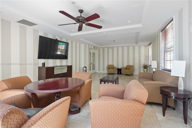 520 SE 5th Ave Unit 1707, Fort Lauderdale, FL 33301 - living room featuring wallpapered walls, ceiling fan, a tray ceiling, and crown molding