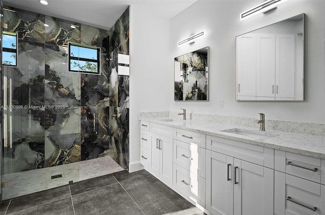 3324 NE 27, Naples, FL 34120 - bathroom featuring a marble finish shower, double vanity, and recessed lighting