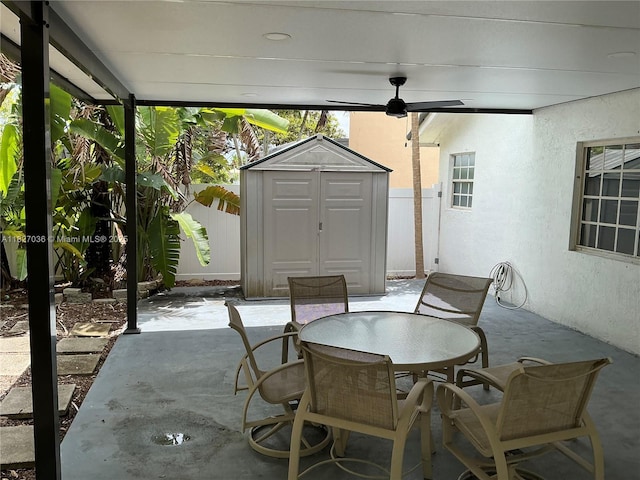 651 SW 176th Ave, Pembroke Pines, FL 33029 - fenced backyard with a patio, a storage shed, outdoor dining space, and a ceiling fan