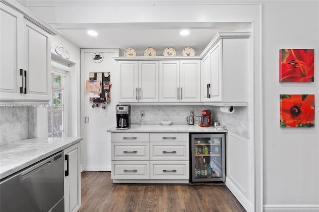 1320 Obispo Ave, Coral Gables, FL 33134 - indoor wet bar featuring beverage cooler, dishwasher, tasteful backsplash, dark wood finished floors, and recessed lighting