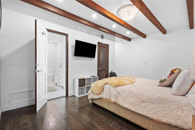 1320 Obispo Ave, Coral Gables, FL 33134 - bedroom featuring beamed ceiling, dark wood-type flooring, recessed lighting, connected bathroom, and a chandelier