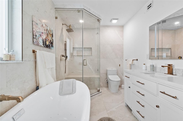 1320 Obispo Ave, Coral Gables, FL 33134 - full bathroom featuring vanity, a freestanding bath, a shower stall, and tile patterned floors