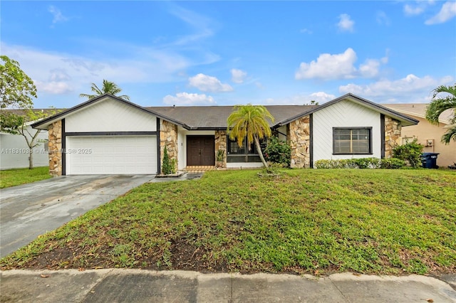 6740 NW 45th St, Lauderhill, FL 33319 - mid-century home featuring stone siding, an attached garage, and a front yard