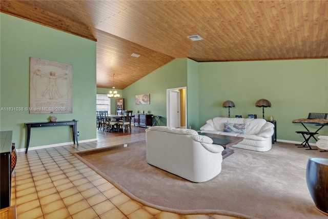 6740 NW 45th St, Lauderhill, FL 33319 - tiled living room with a chandelier, wood ceiling, and vaulted ceiling
