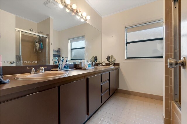 6740 NW 45th St, Lauderhill, FL 33319 - full bath with tiled shower, double vanity, ornamental molding, and tile patterned flooring