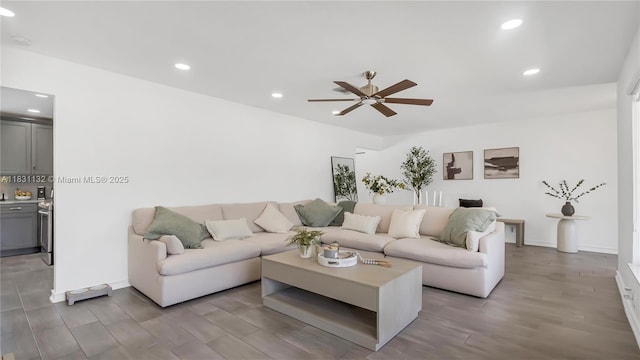 10401 NW 21st St, Pembroke Pines, FL 33026 - living room with wood finished floors, ceiling fan, and recessed lighting