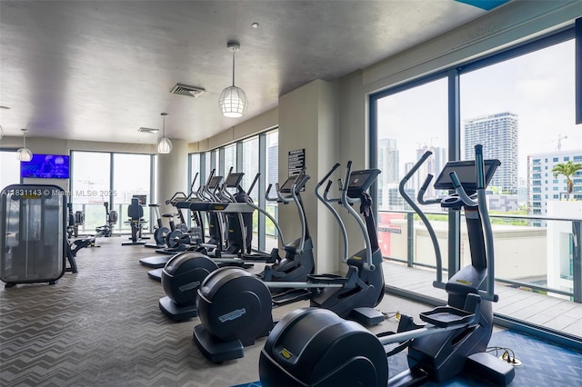 121 NE 34th St Unit 3110, Miami, FL 33137 - workout area featuring a city view and carpet floors