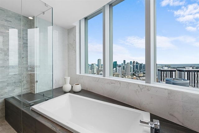 851 NE 1st Ave Unit Ph4912, Miami, FL 33132 - bathroom with a bath, a view of skyline, and tiled shower