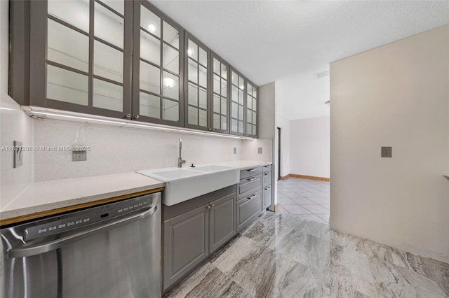 15235 SW 99th Ct, Miami, FL 33157 - kitchen featuring dishwasher, gray cabinetry, and glass insert cabinets