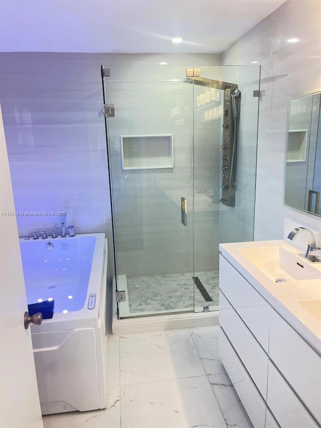 15271 NW 6th Ct, Pembroke Pines, FL 33028 - full bathroom with marble finish flooring, a stall shower, double vanity, and a bath