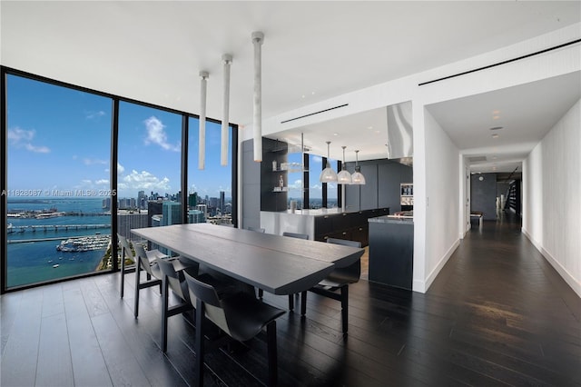 788 NE 23rd St Unit 5401, Miami, FL 33137 - dining space with dark wood-style floors, a city view, expansive windows, and a water view