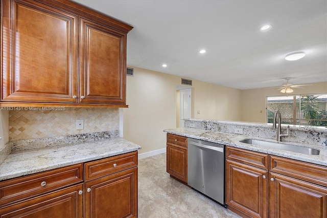 219 NE 14th Ave Unit 101, Hallandale Beach, FL 33009 - kitchen featuring dishwasher, ceiling fan, backsplash, light stone counters, and recessed lighting