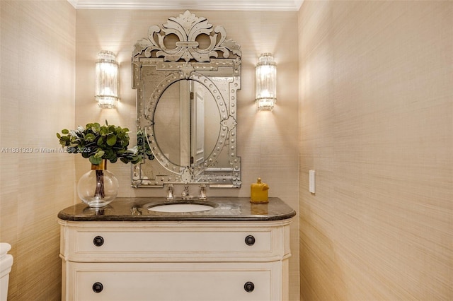 618 Valencia Ave Unit 101, Coral Gables, FL 33134 - half bathroom featuring vanity and ornamental molding