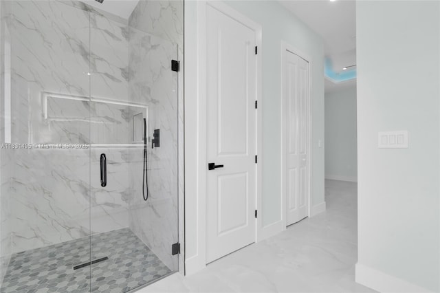 3209 45th St SW, Lehigh Acres, FL 33976 - bathroom featuring a marble finish shower and baseboards